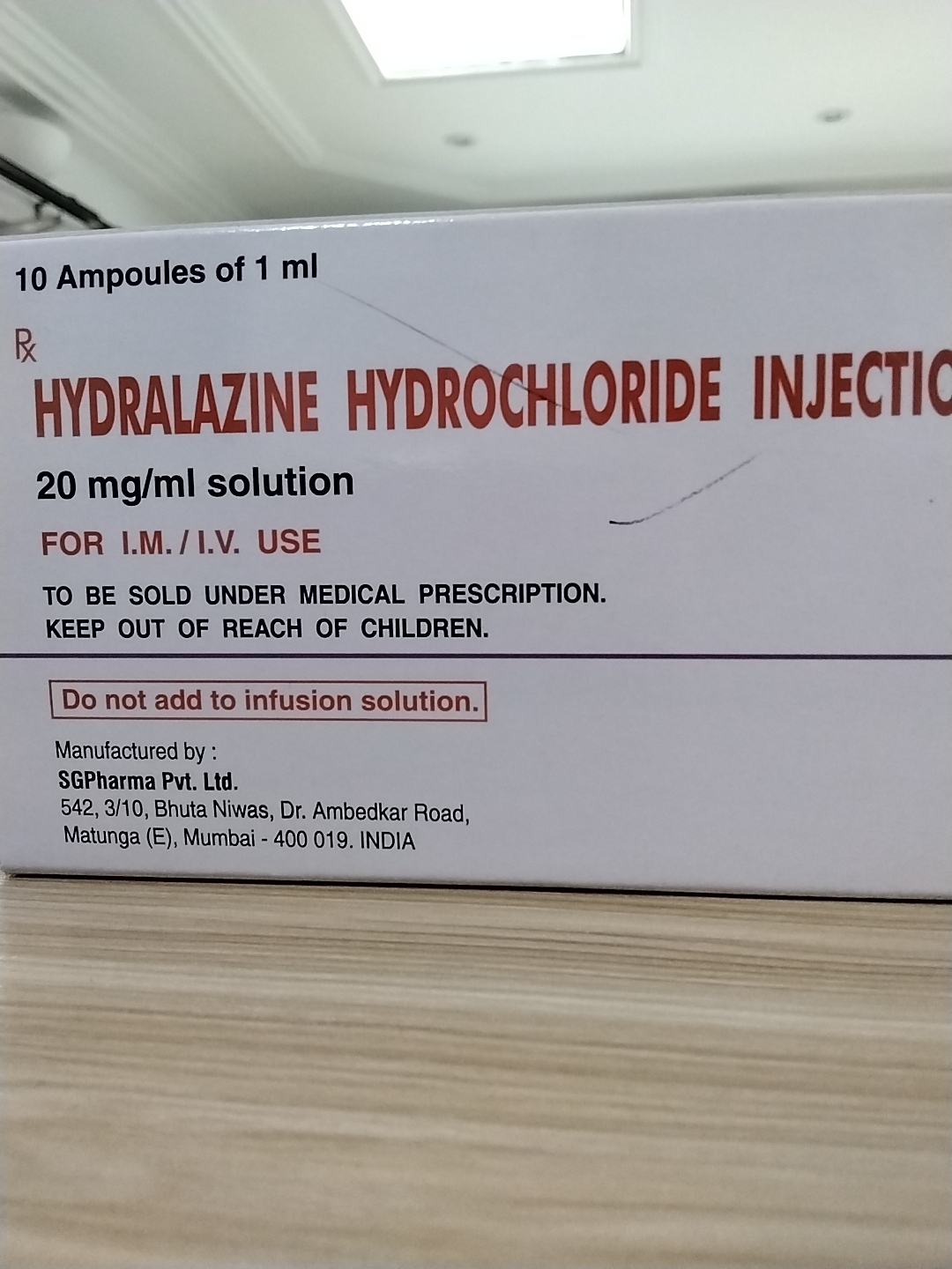 Hydrazine hydrochloride injection 20mg